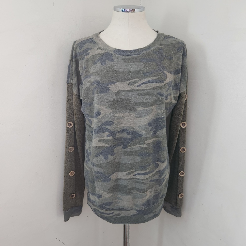 7th Ray Womens Camo Button Sleeve‎ Sweatshirt Green Gray Small